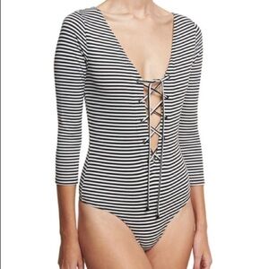 Kendall & Kylie striped deep v neck bodysuit